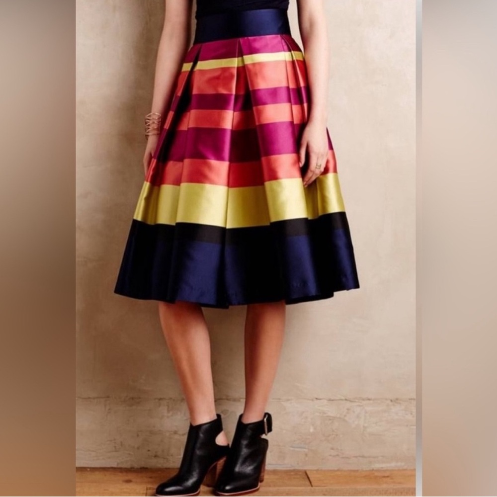 Anthropologie Colorblock A-Line Midi Skirt in Navy, Magenta, Coral & Lime